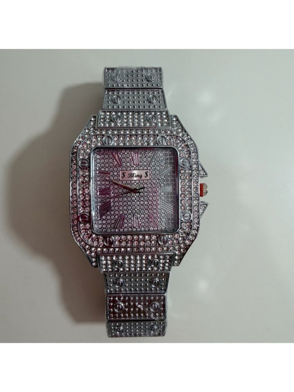 Bling Mens Iced Out Rhinestone & Silver Square Face Wristwatch